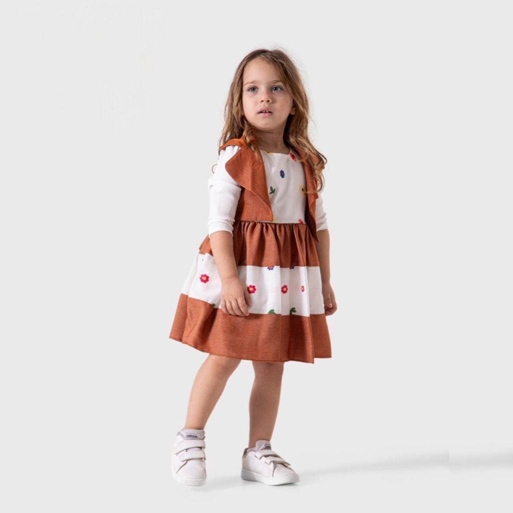Kids Wear Elegant Brown Floral Patchwork Dress